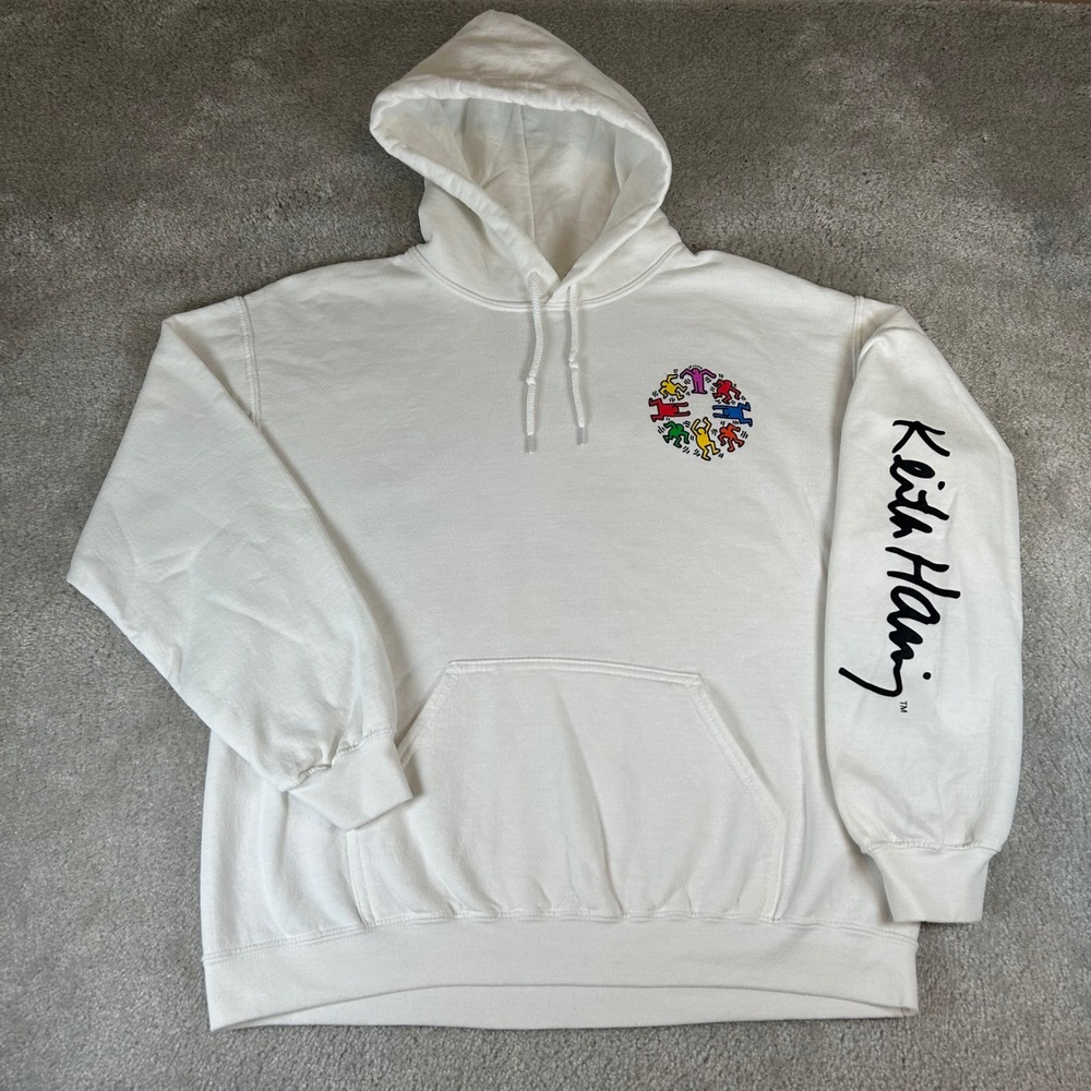 Keith Haring Hoodie Mens Medium White Graphic Pop Art Dancing Figures Sweatshirt